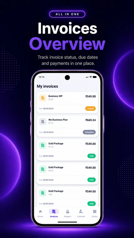 CloudWebHost app invoices list showing paid, unpaid and cancelled invoices